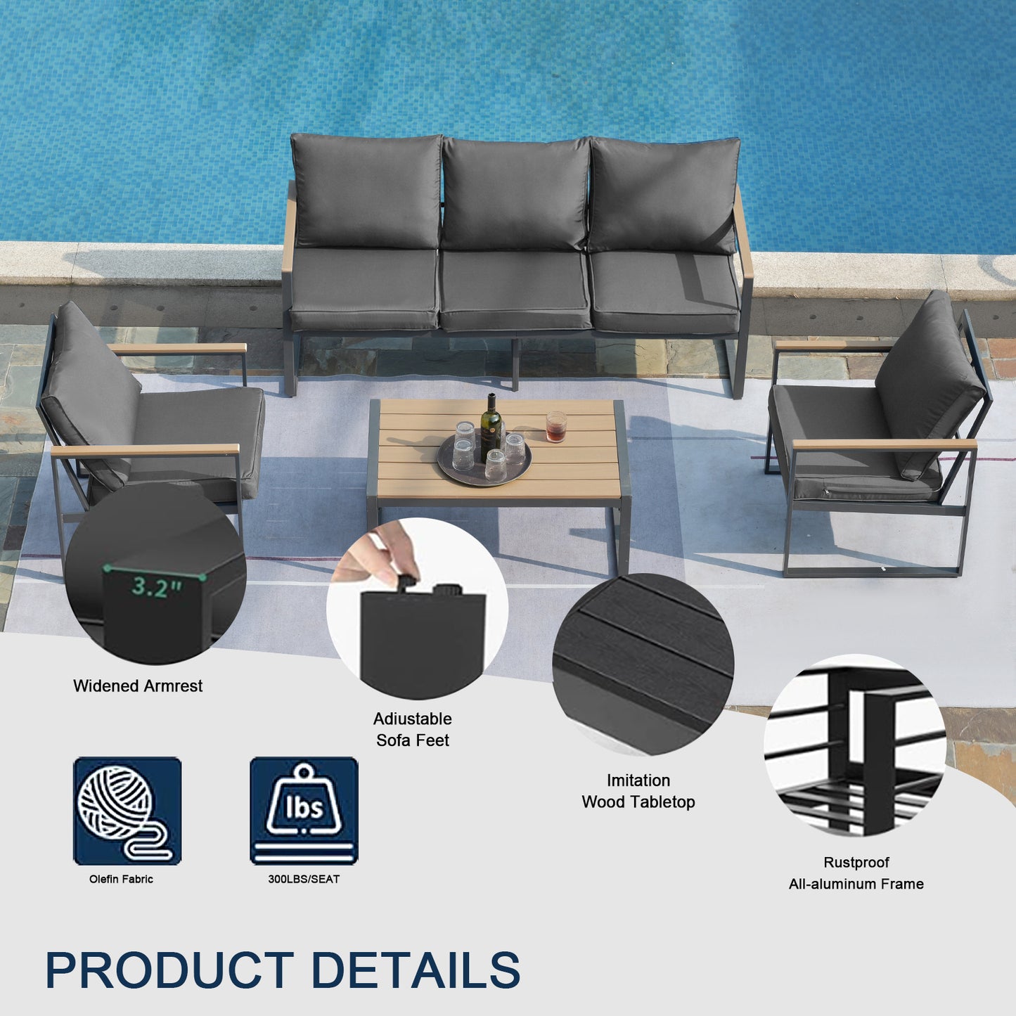 4-Piece All-Aluminium Outdoor Sofa Set – Rust-Proof, Modern Woodgrain Design