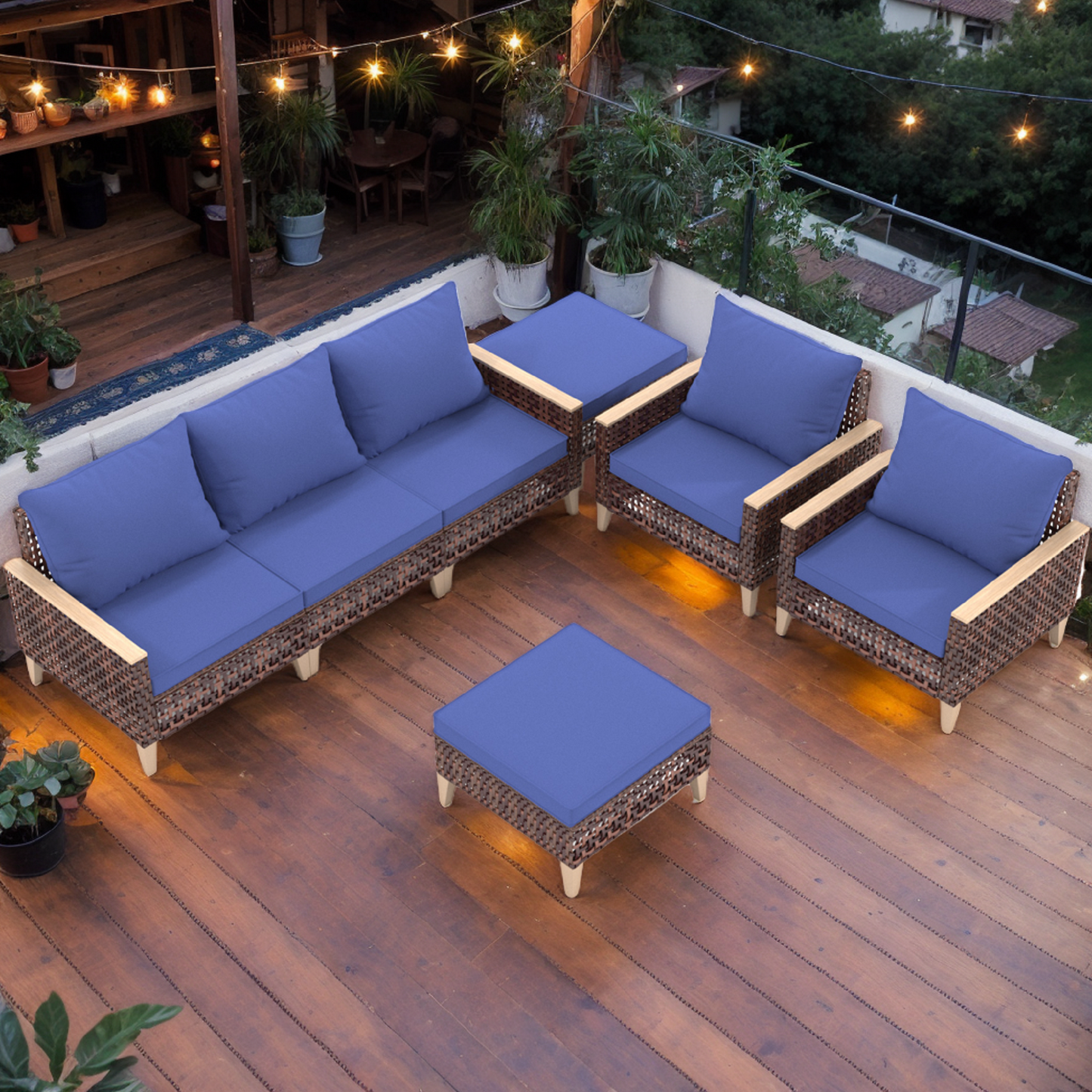 High-End Rattan Sofa Set – Wide Weave, Durable Plastic Wood Armrests & Multi-Purpose Legs