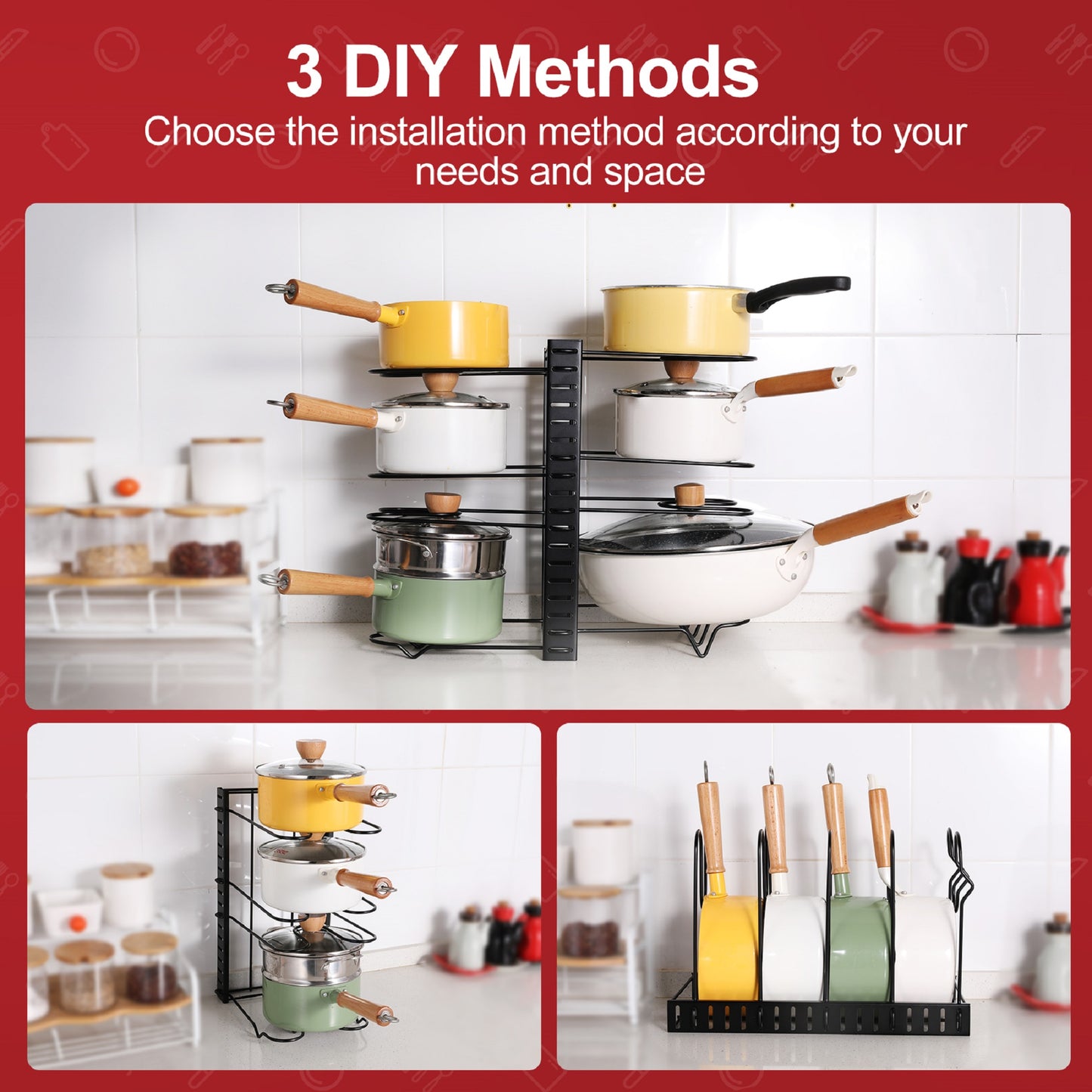 Adjustable Pot Rack – Customizable Dividers & 3 Mounting Options for Easy Kitchen Organization