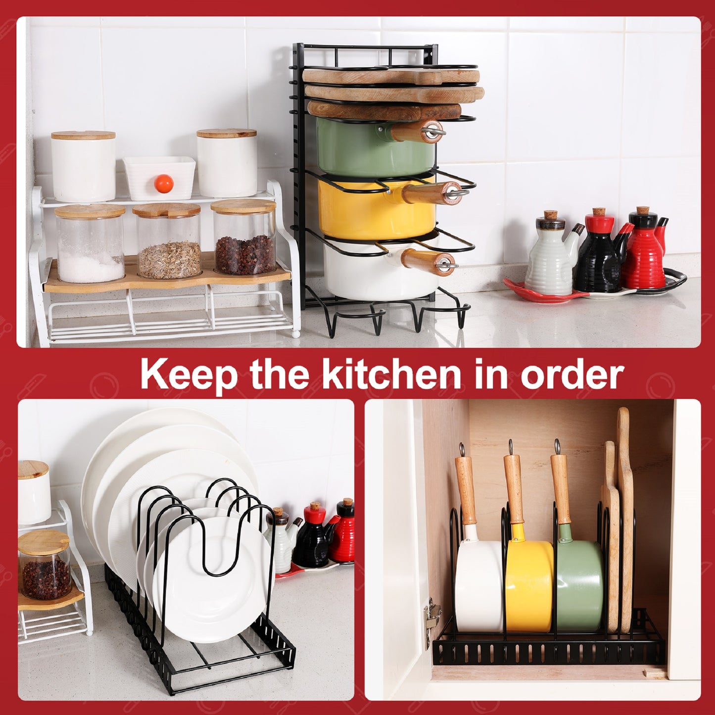 Adjustable Pot Rack – Customizable Dividers & 3 Mounting Options for Easy Kitchen Organization