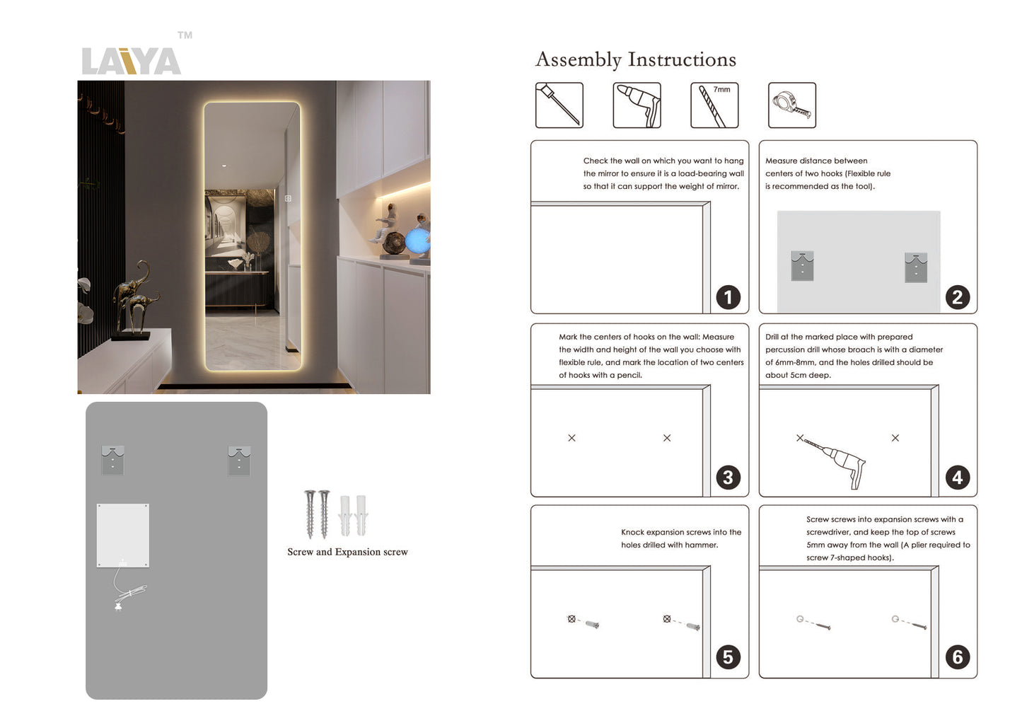 Wall-Mounted Rimless Dress Mirror with Integrated Lighting and Single-Button Control LY-14