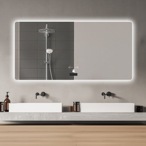 Frameless bathroom mirror with light, LED backlit mirror, tri-color dimming, anti-fog function, waterproof, smart sensor