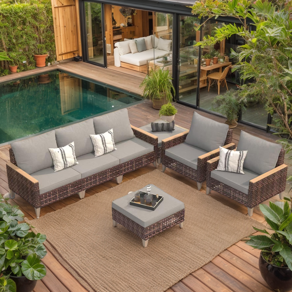 High-End Rattan Sofa Set – Wide Weave, Durable Plastic Wood Armrests & Multi-Purpose Legs