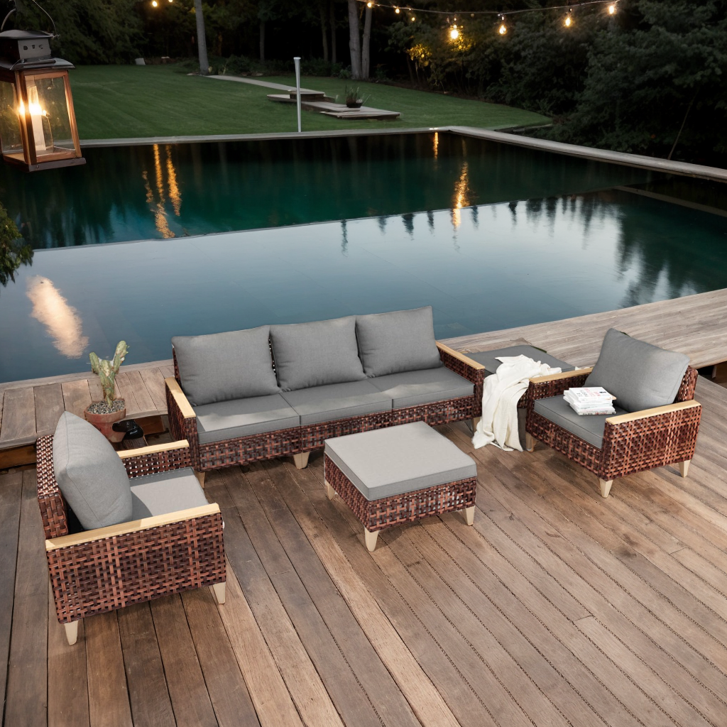 High-End Rattan Sofa Set – Wide Weave, Durable Plastic Wood Armrests & Multi-Purpose Legs