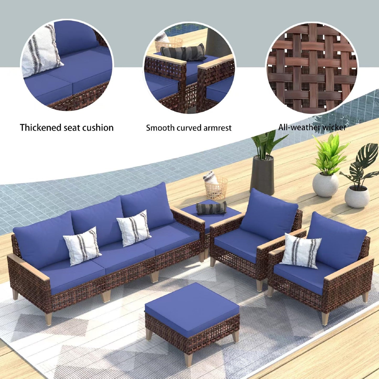 High-End Rattan Sofa Set – Wide Weave, Durable Plastic Wood Armrests & Multi-Purpose Legs