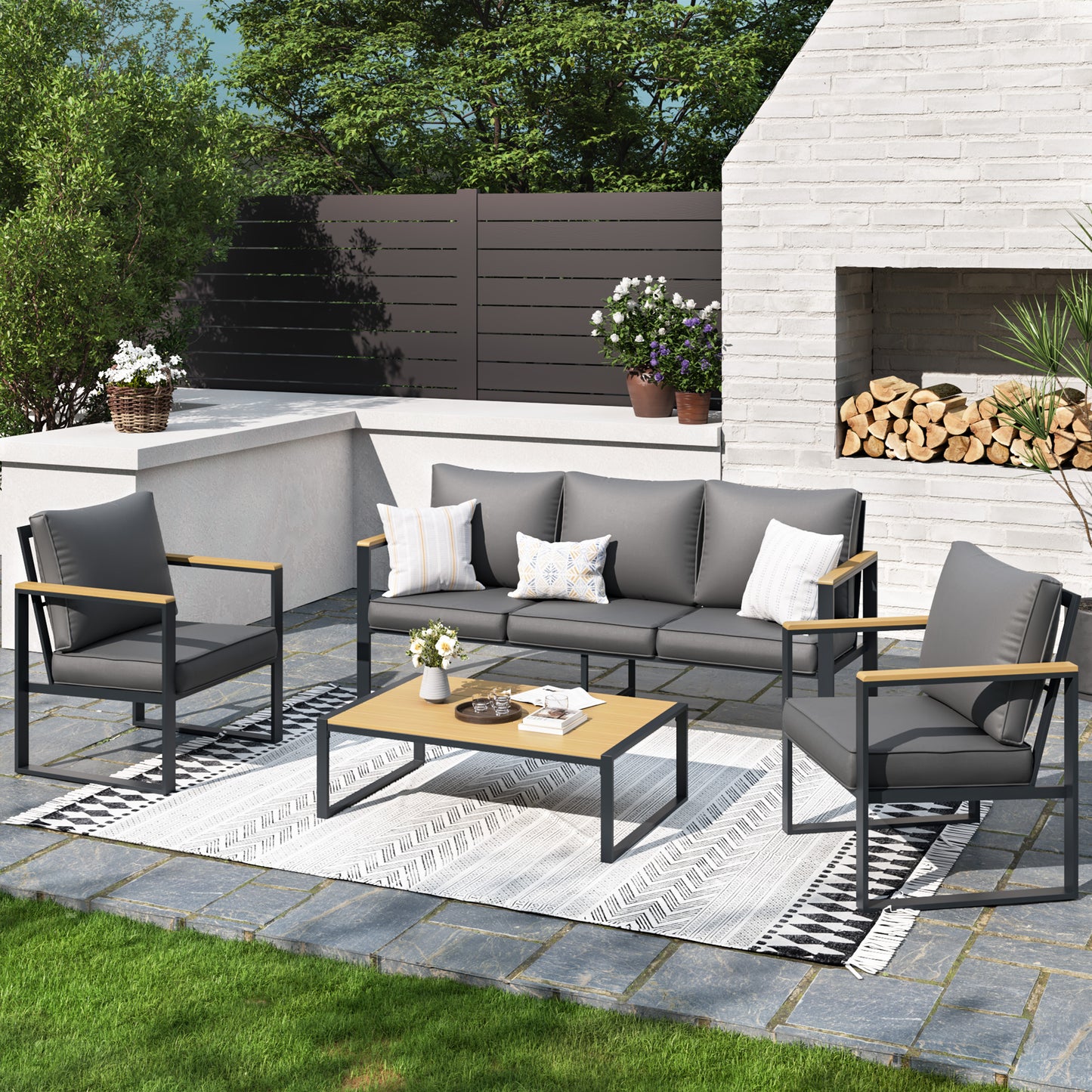 4-Piece All-Aluminium Outdoor Sofa Set – Rust-Proof, Modern Woodgrain Design