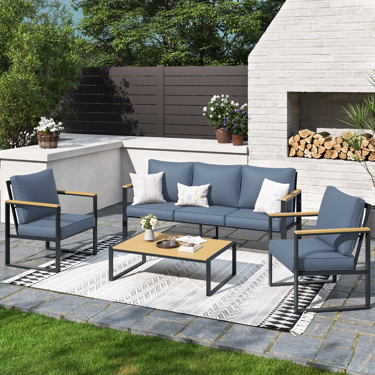 4-Piece All-Aluminium Outdoor Sofa Set – Rust-Proof, Modern Woodgrain Design