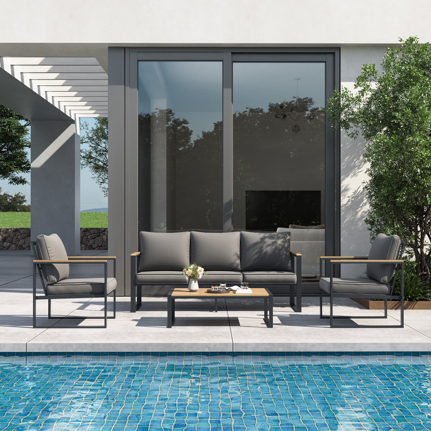 4-Piece All-Aluminium Outdoor Sofa Set – Rust-Proof, Modern Woodgrain Design