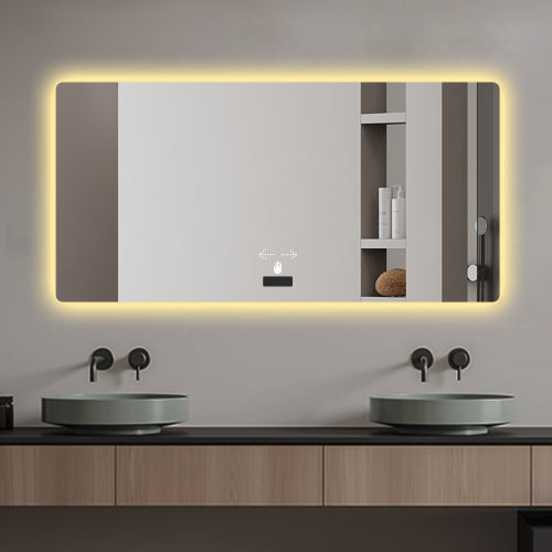 Frameless bathroom mirror with light, LED backlit mirror, tri-color dimming, anti-fog function, waterproof, smart sensor