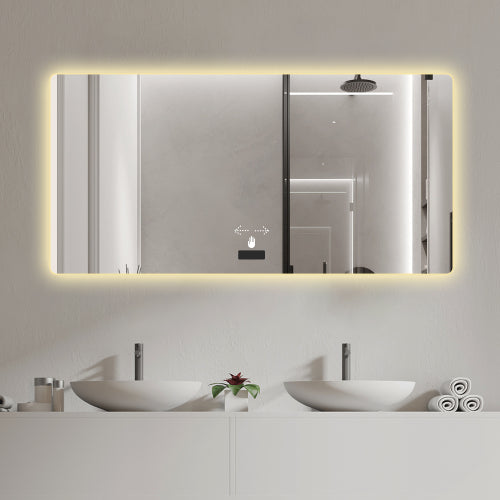 Frameless bathroom mirror with light, LED backlit mirror, tri-color dimming, anti-fog function, waterproof, smart sensor