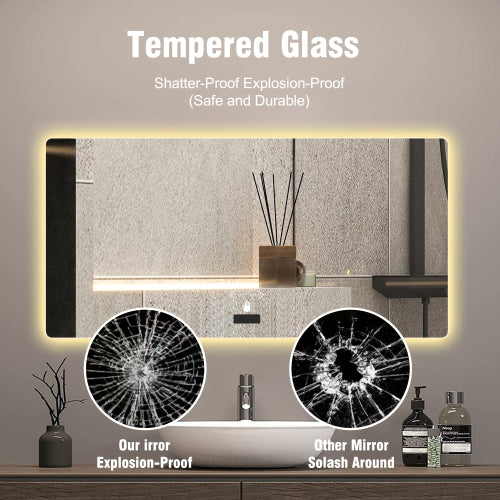 Frameless bathroom mirror with light, LED backlit mirror, tri-color dimming, anti-fog function, waterproof, smart sensor