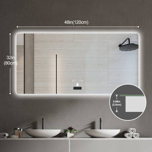Frameless bathroom mirror with light, LED backlit mirror, tri-color dimming, anti-fog function, waterproof, smart sensor