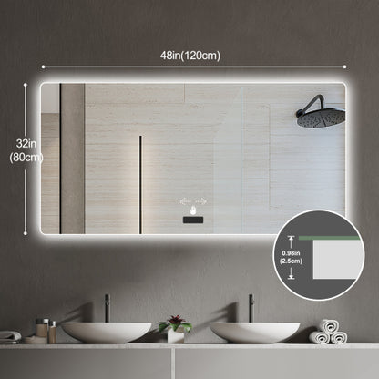 Frameless bathroom mirror with light, LED backlit mirror, tri-color dimming, anti-fog function, waterproof, smart sensor