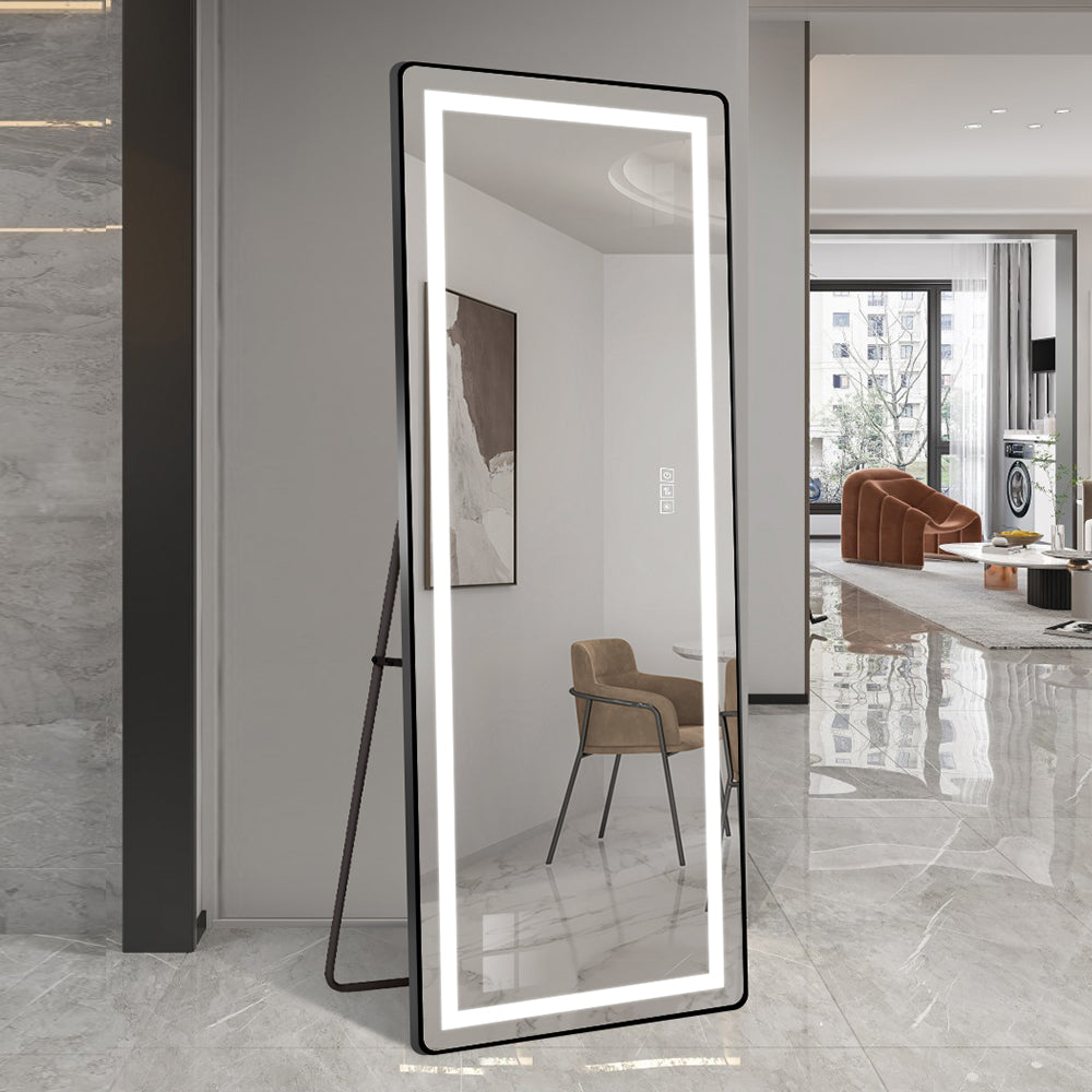 64 inch x 21 inch full-length vertical mirror with LED light, illuminated floor mirror with bracket, dimming wall mirror with full-length aluminum alloy thin frame, black