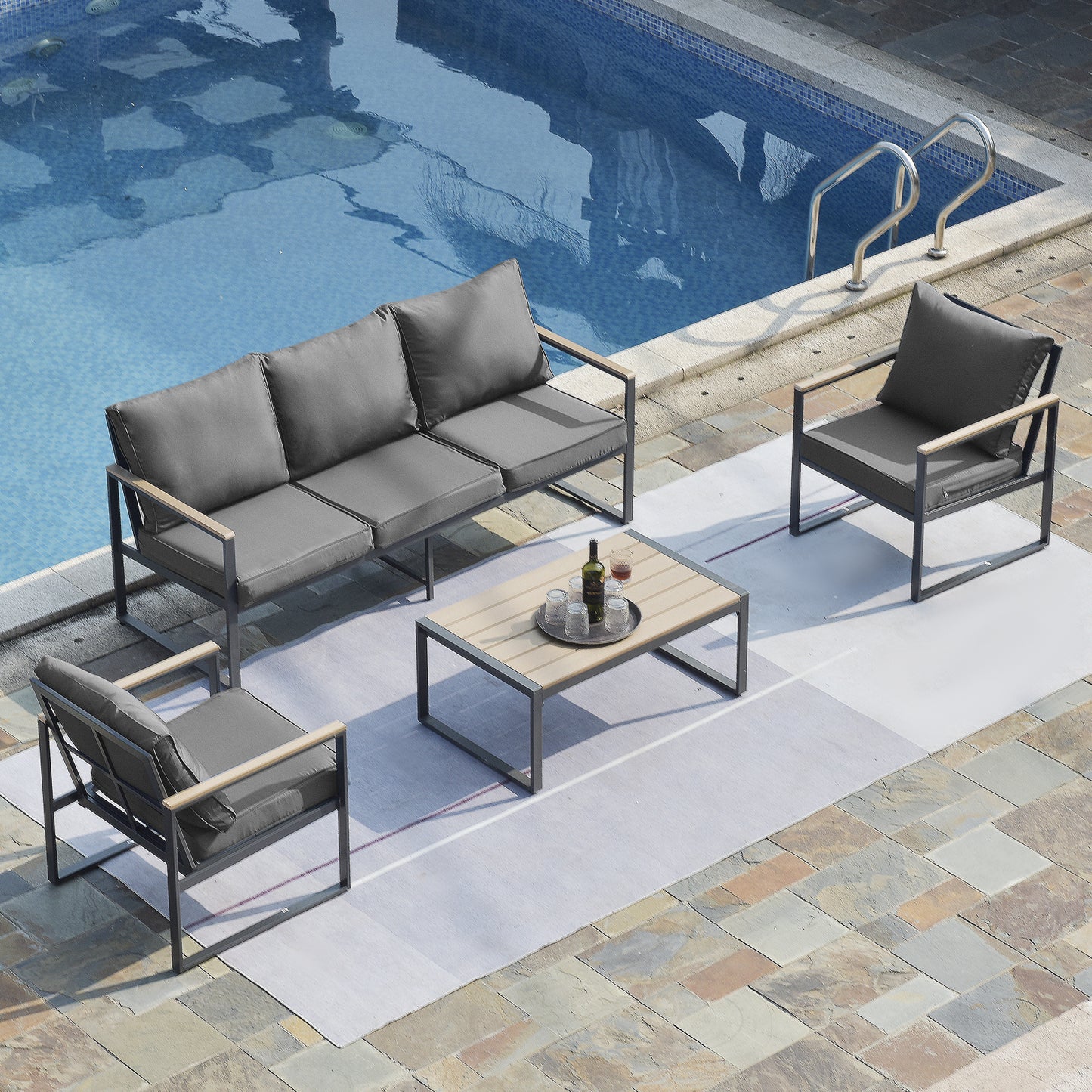 4-Piece All-Aluminium Outdoor Sofa Set – Rust-Proof, Modern Woodgrain Design