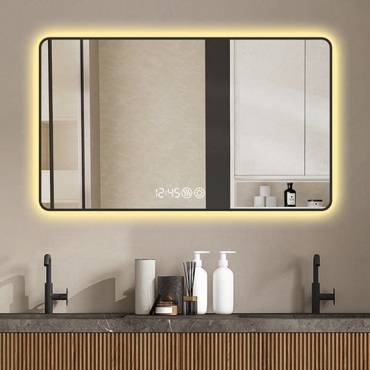 48x32 Black frame wall mirror with rounded corners vanity mirror, temperature display, tri color light, defogging, high-quality aluminum alloy frame, high-definition tempered glass