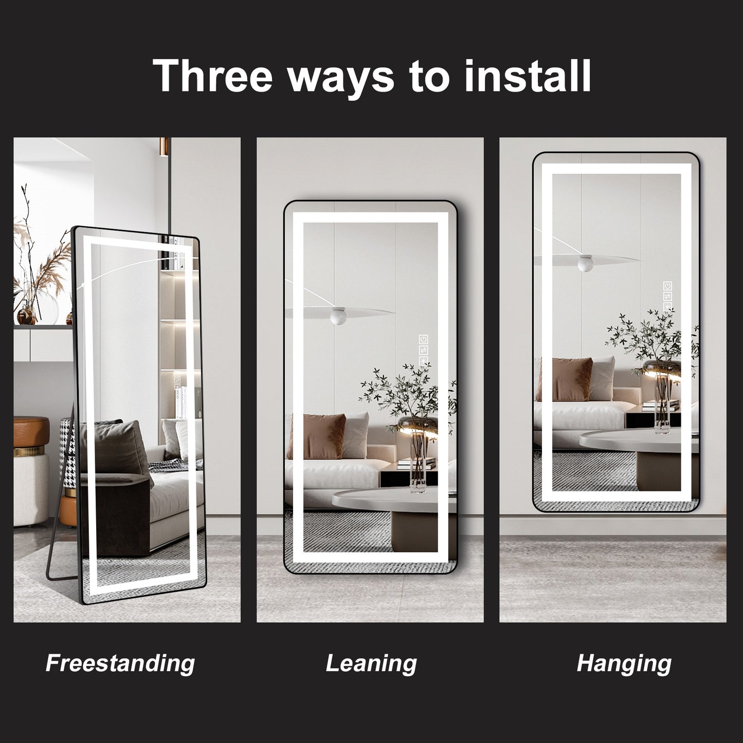 64 inch x 21 inch full-length vertical mirror with LED light, illuminated floor mirror with bracket, dimming wall mirror with full-length aluminum alloy thin frame, black