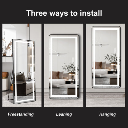 64 inch x 21 inch full-length vertical mirror with LED light, illuminated floor mirror with bracket, dimming wall mirror with full-length aluminum alloy thin frame, black
