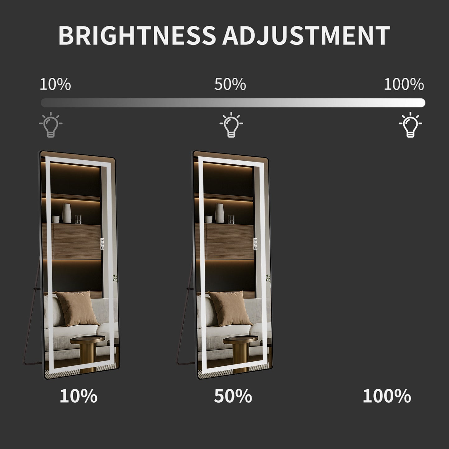 64 inch x 21 inch full-length vertical mirror with LED light, illuminated floor mirror with bracket, dimming wall mirror with full-length aluminum alloy thin frame, black