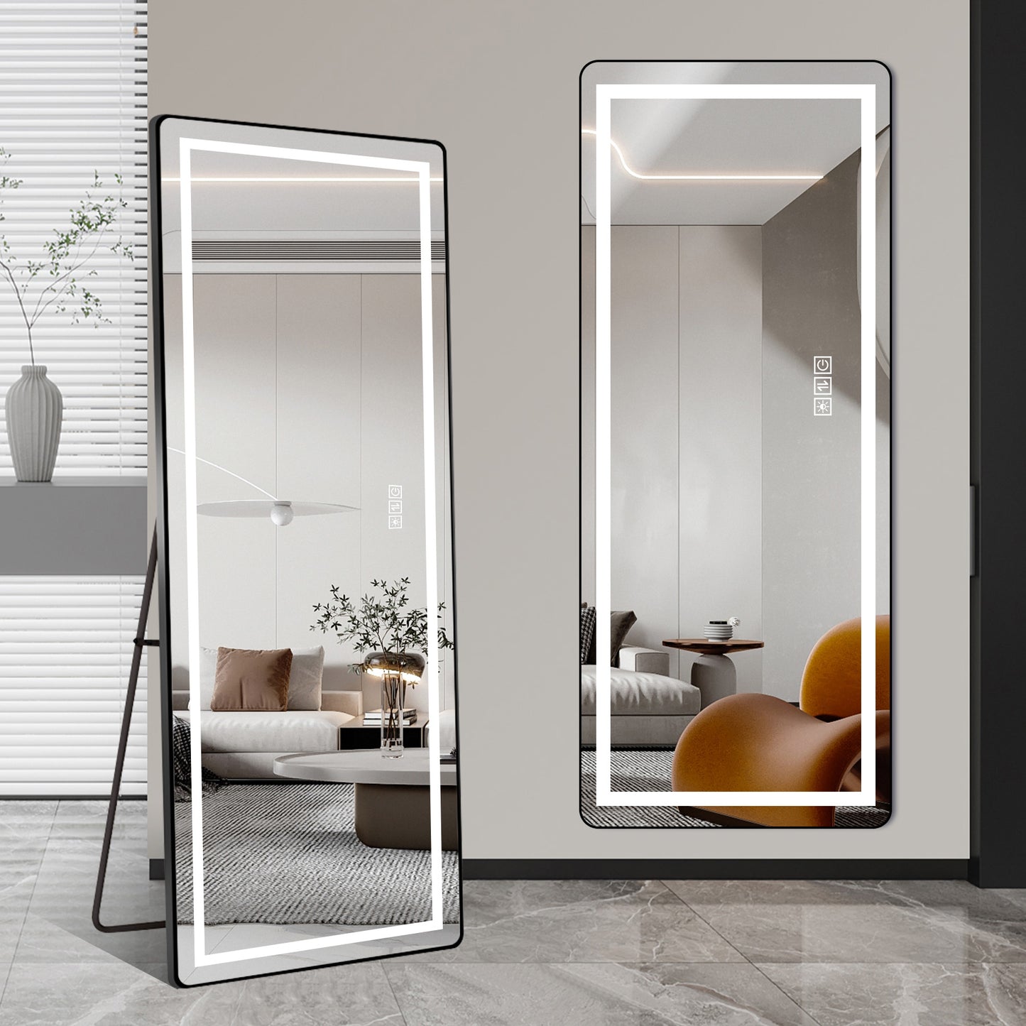 64 inch x 21 inch full-length vertical mirror with LED light, illuminated floor mirror with bracket, dimming wall mirror with full-length aluminum alloy thin frame, black