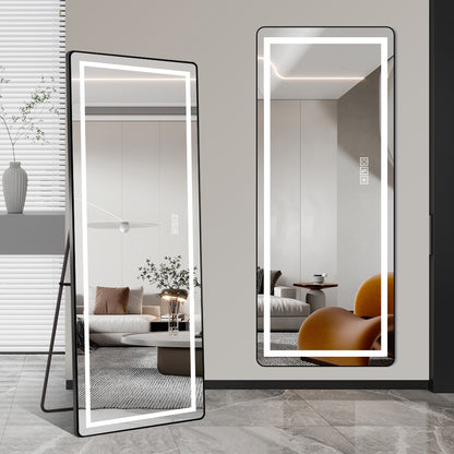 64 inch x 21 inch full-length vertical mirror with LED light, illuminated floor mirror with bracket, dimming wall mirror with full-length aluminum alloy thin frame, black