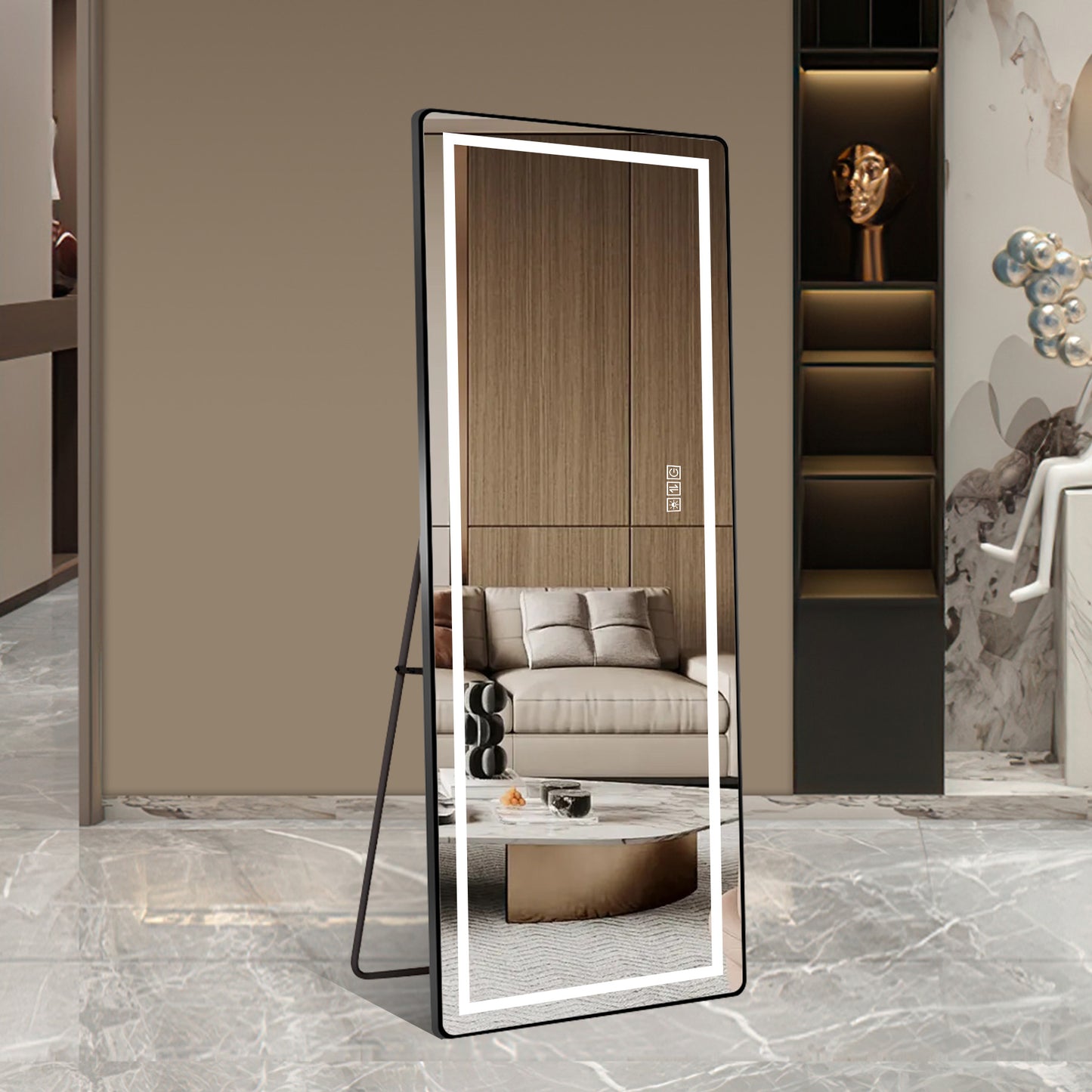 64 inch x 21 inch full-length vertical mirror with LED light, illuminated floor mirror with bracket, dimming wall mirror with full-length aluminum alloy thin frame, black