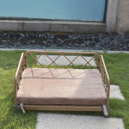 Wicker Dog Bed – Waterproof, Hand-Woven PE Rattan with Soft Cushion & Non-Slip Feet