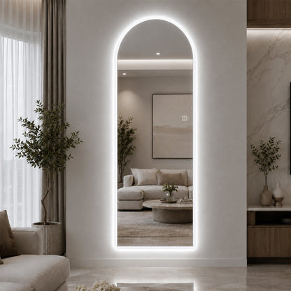 65" x 21" Arched LED Full Length Mirror, Wall Mounted Lighted Full Body Mirror with Frosted Edge Lighting, 3 Color Temperatures & Stepless Dimming, HD Silver Mirror in Silver Glass