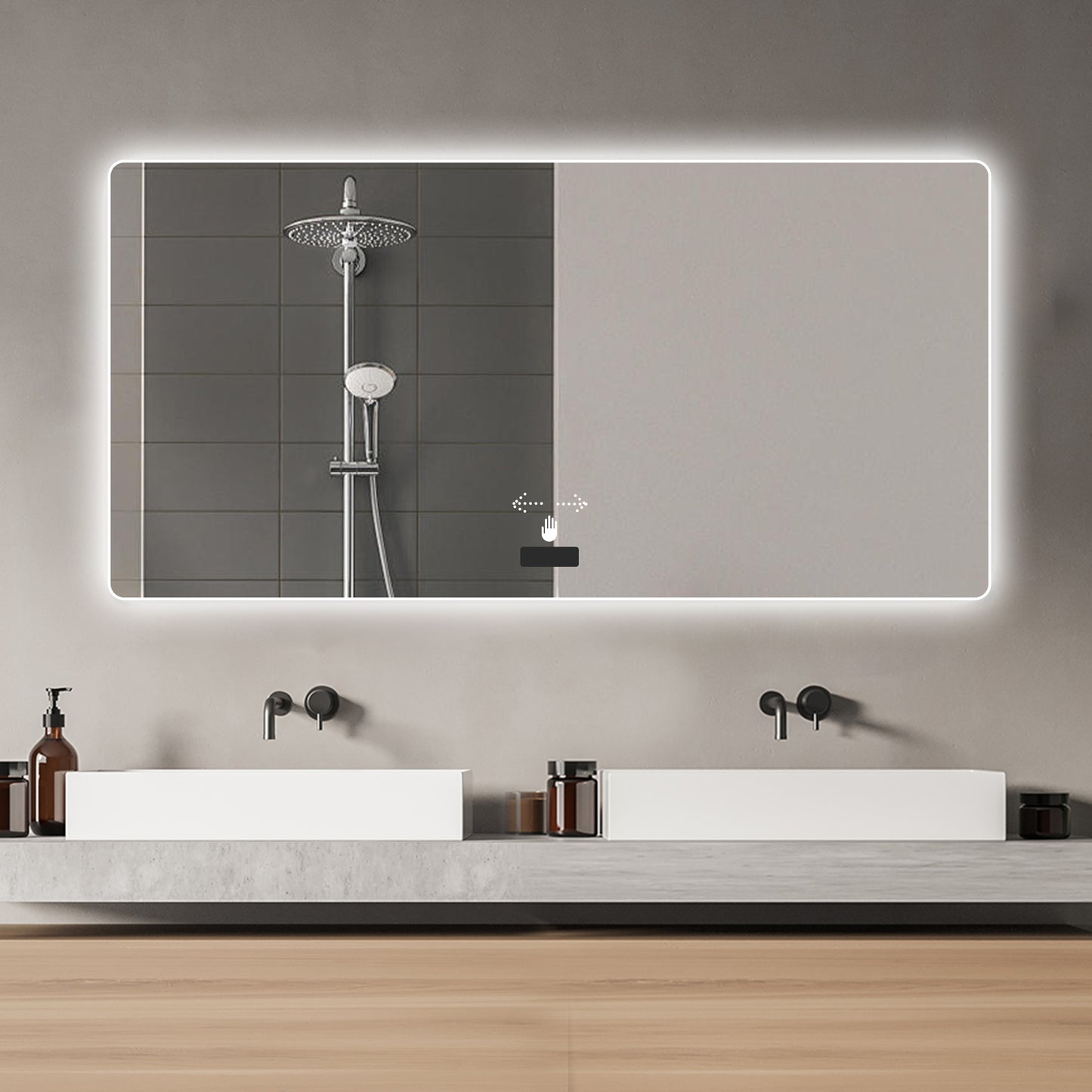 Frameless bathroom mirror with light, LED backlit mirror, tri-color dimming, anti-fog function, waterproof, smart sensor