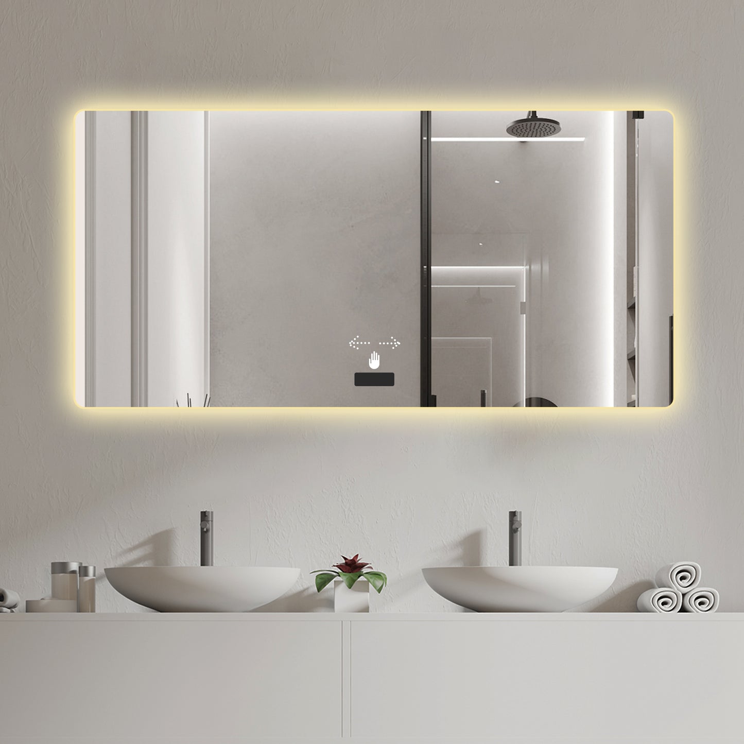 Frameless bathroom mirror with light, LED backlit mirror, tri-color dimming, anti-fog function, waterproof, smart sensor