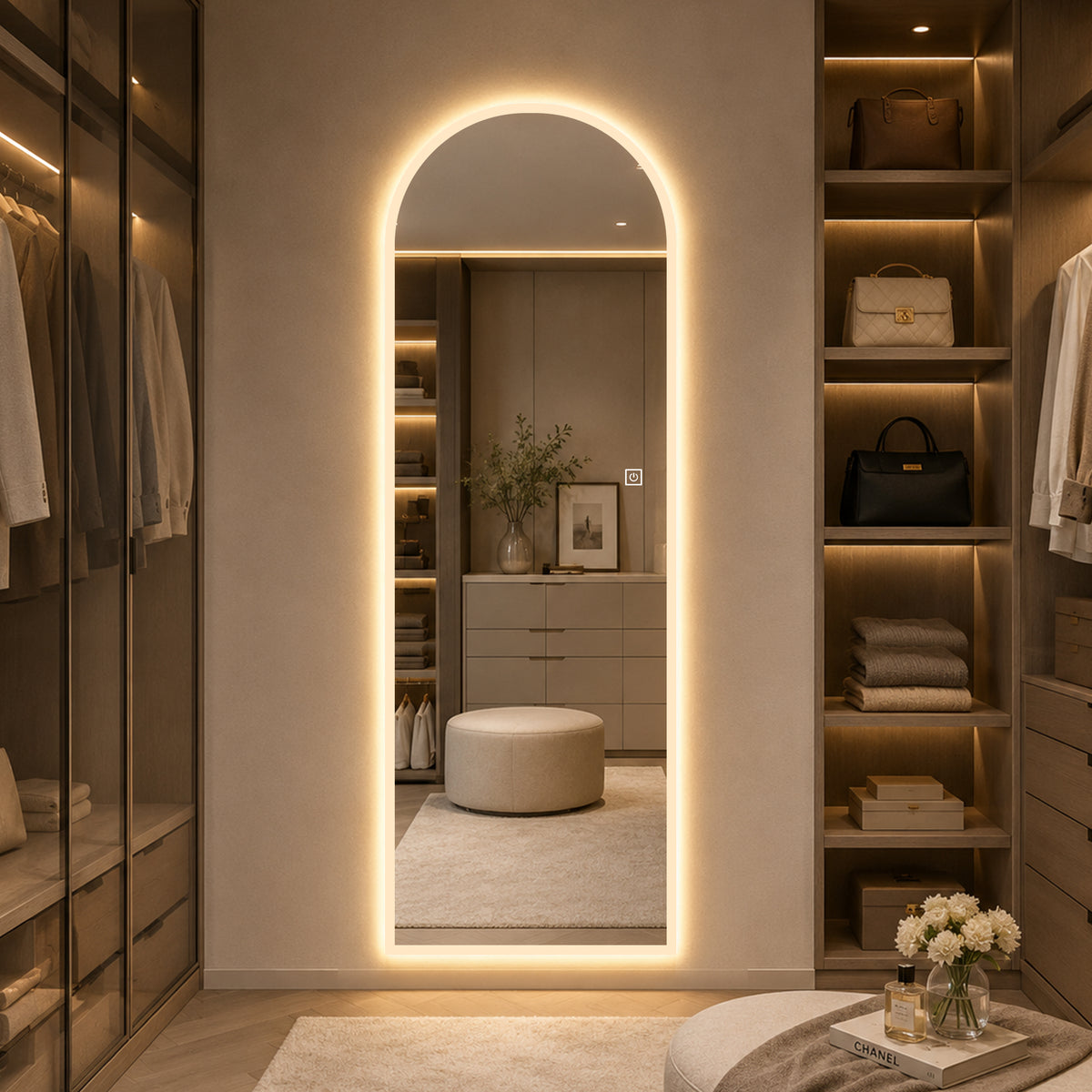 65" x 21" Arched LED Full Length Mirror, Wall Mounted Lighted Full Body Mirror with Frosted Edge Lighting, 3 Color Temperatures & Stepless Dimming, HD Silver Mirror in Silver Glass