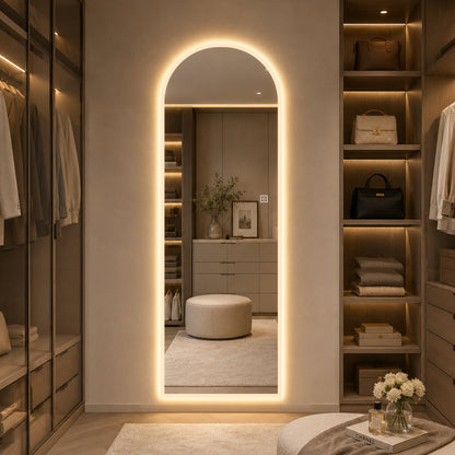 65" x 21" Arched LED Full Length Mirror, Wall Mounted Lighted Full Body Mirror with Frosted Edge Lighting, 3 Color Temperatures & Stepless Dimming, HD Silver Mirror in Silver Glass