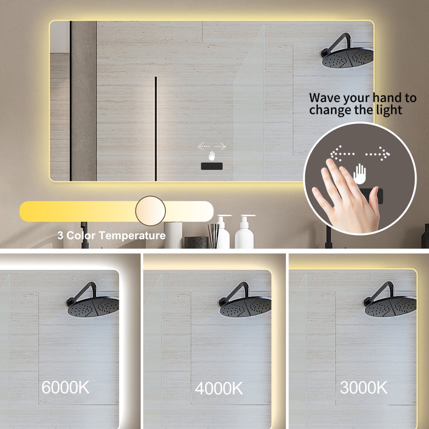 Frameless bathroom mirror with light, LED backlit mirror, tri-color dimming, anti-fog function, waterproof, smart sensor