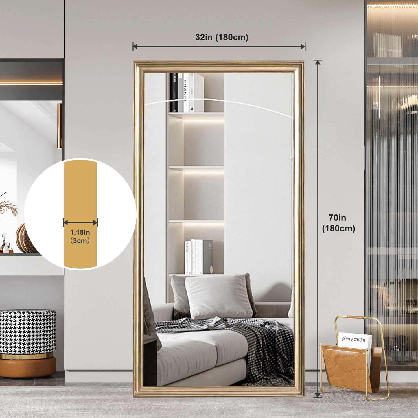 32*70inch full-body floor mirror with Artificial wood frame, elegant design and durability, a must-have for bedrooms, clothing stores and salons