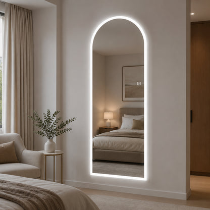 65" x 21" Arched LED Full Length Mirror, Wall Mounted Lighted Full Body Mirror with Frosted Edge Lighting, 3 Color Temperatures & Stepless Dimming, HD Silver Mirror in Silver Glass