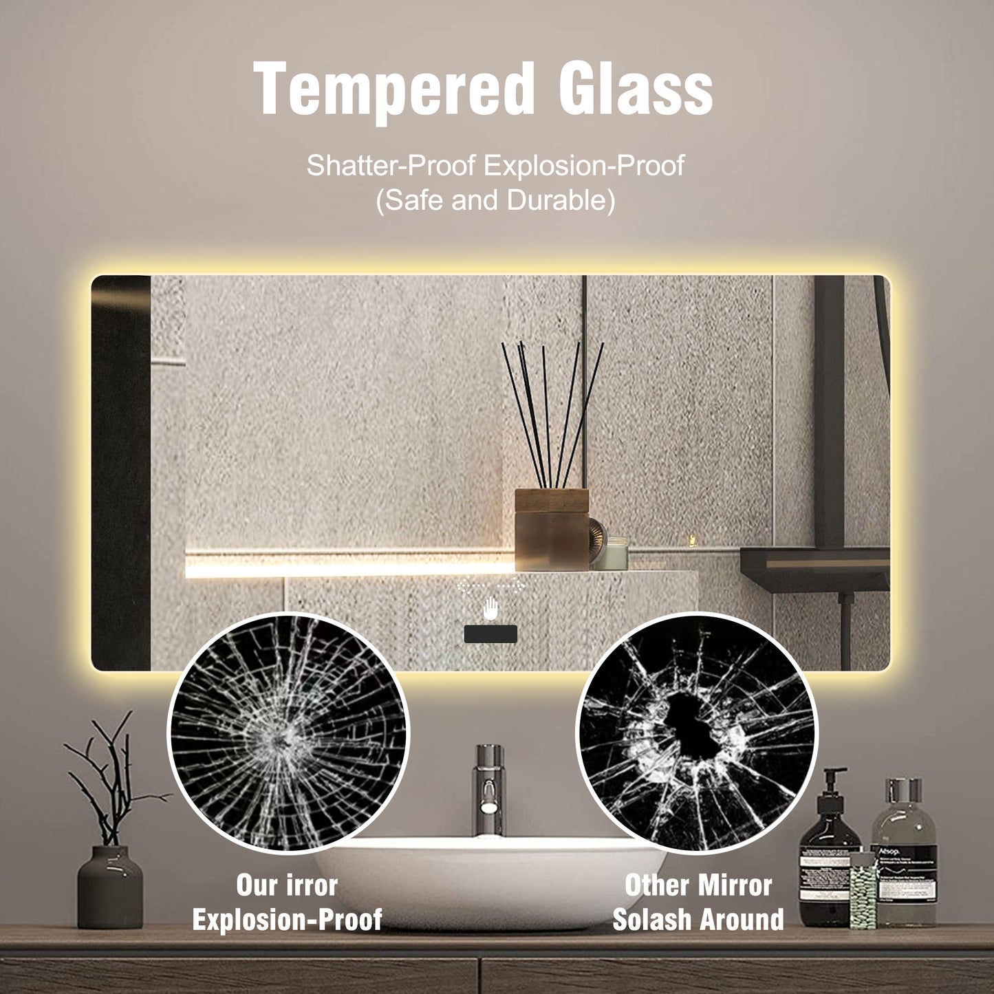 Frameless bathroom mirror with light, LED backlit mirror, tri-color dimming, anti-fog function, waterproof, smart sensor