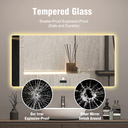 Frameless bathroom mirror with light, LED backlit mirror, tri-color dimming, anti-fog function, waterproof, smart sensor