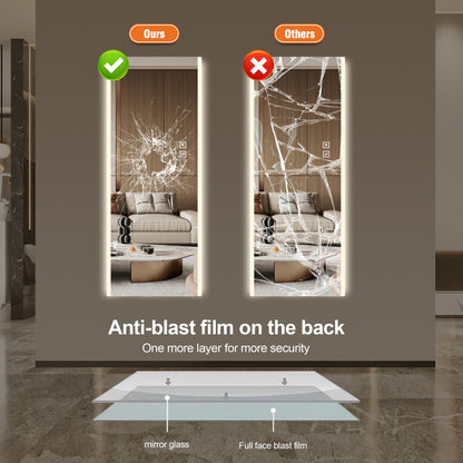 Led mirror full length,Frameless full-length mirror,Wall Mounted Mirror with Light,three-color changing light,Explosion-proof glass, high-definition imaging