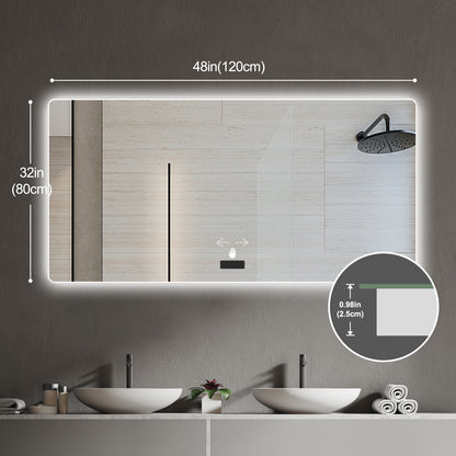 Frameless bathroom mirror with light, LED backlit mirror, tri-color dimming, anti-fog function, waterproof, smart sensor