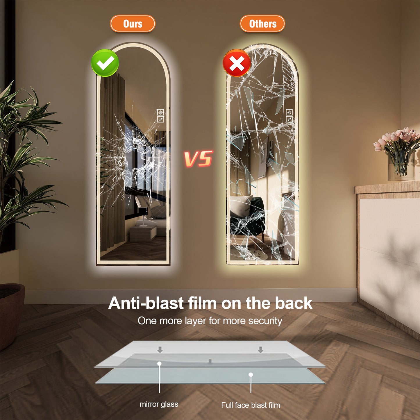 Arch Design LED Full Length Mirror, Dimmable, High Definition, Explosion-Proof, Silver, 65" x 21"