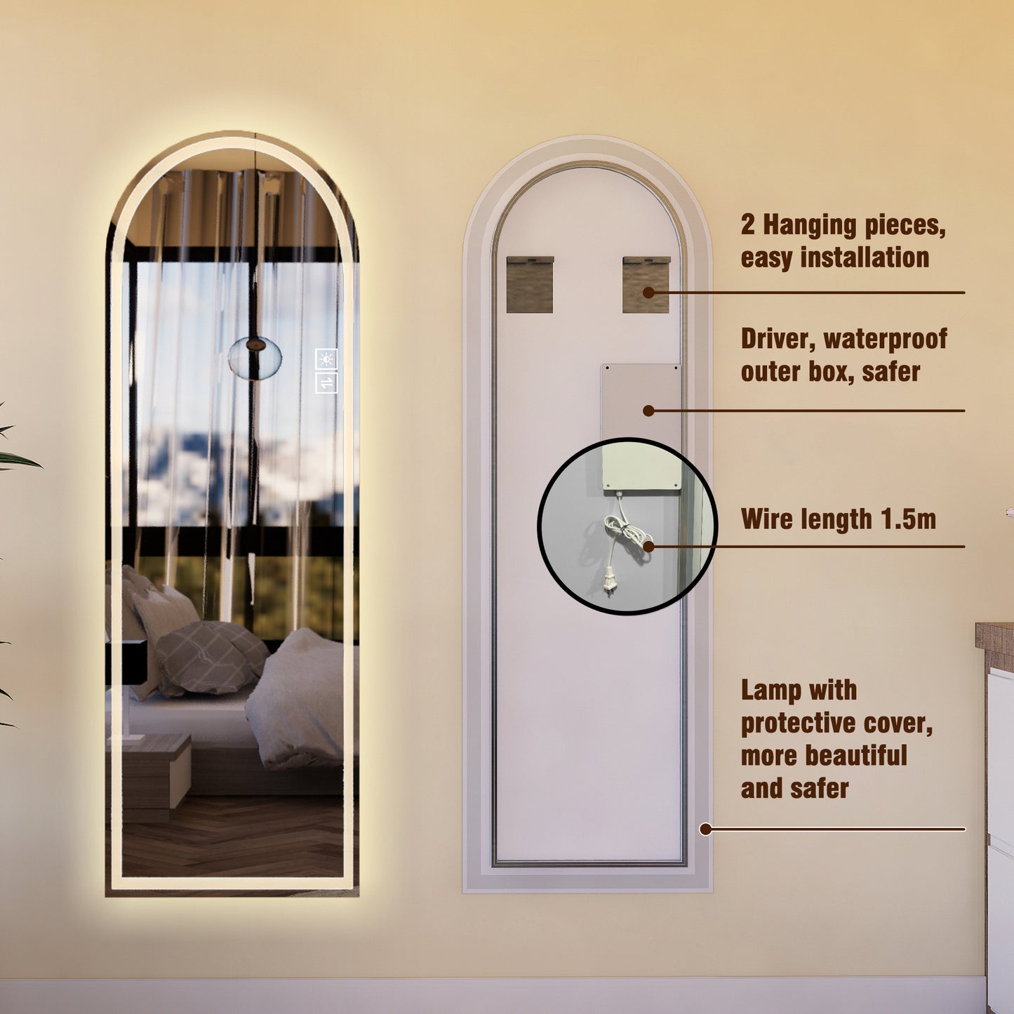 Arch Design LED Full Length Mirror, Dimmable, High Definition, Explosion-Proof, Silver, 65" x 21"