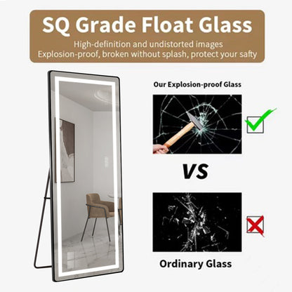 64 inch x 21 inch full-length vertical mirror with LED light, illuminated floor mirror with bracket, dimming wall mirror with full-length aluminum alloy thin frame, black