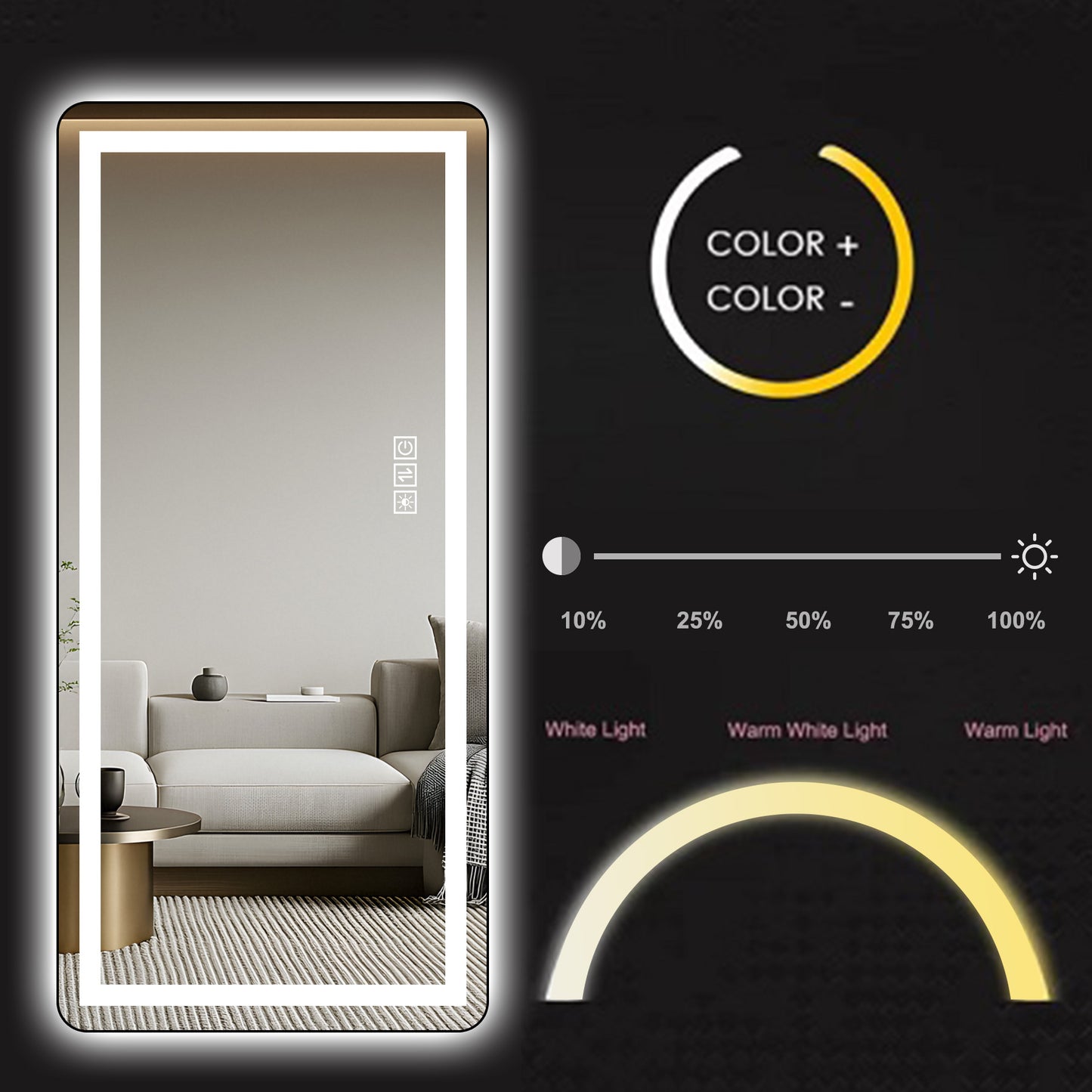 64 inch x 21 inch full-length vertical mirror with LED light, illuminated floor mirror with bracket, dimming wall mirror with full-length aluminum alloy thin frame, black