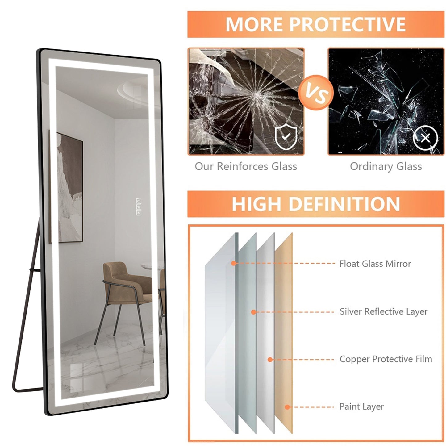 64 inch x 21 inch full-length vertical mirror with LED light, illuminated floor mirror with bracket, dimming wall mirror with full-length aluminum alloy thin frame, black