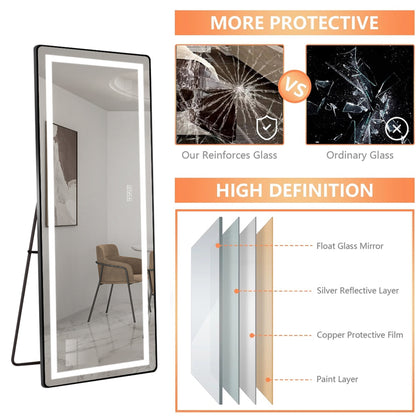 64 inch x 21 inch full-length vertical mirror with LED light, illuminated floor mirror with bracket, dimming wall mirror with full-length aluminum alloy thin frame, black