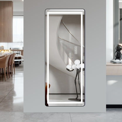 64 inch x 21 inch full-length vertical mirror with LED light, illuminated floor mirror with bracket, dimming wall mirror with full-length aluminum alloy thin frame, black