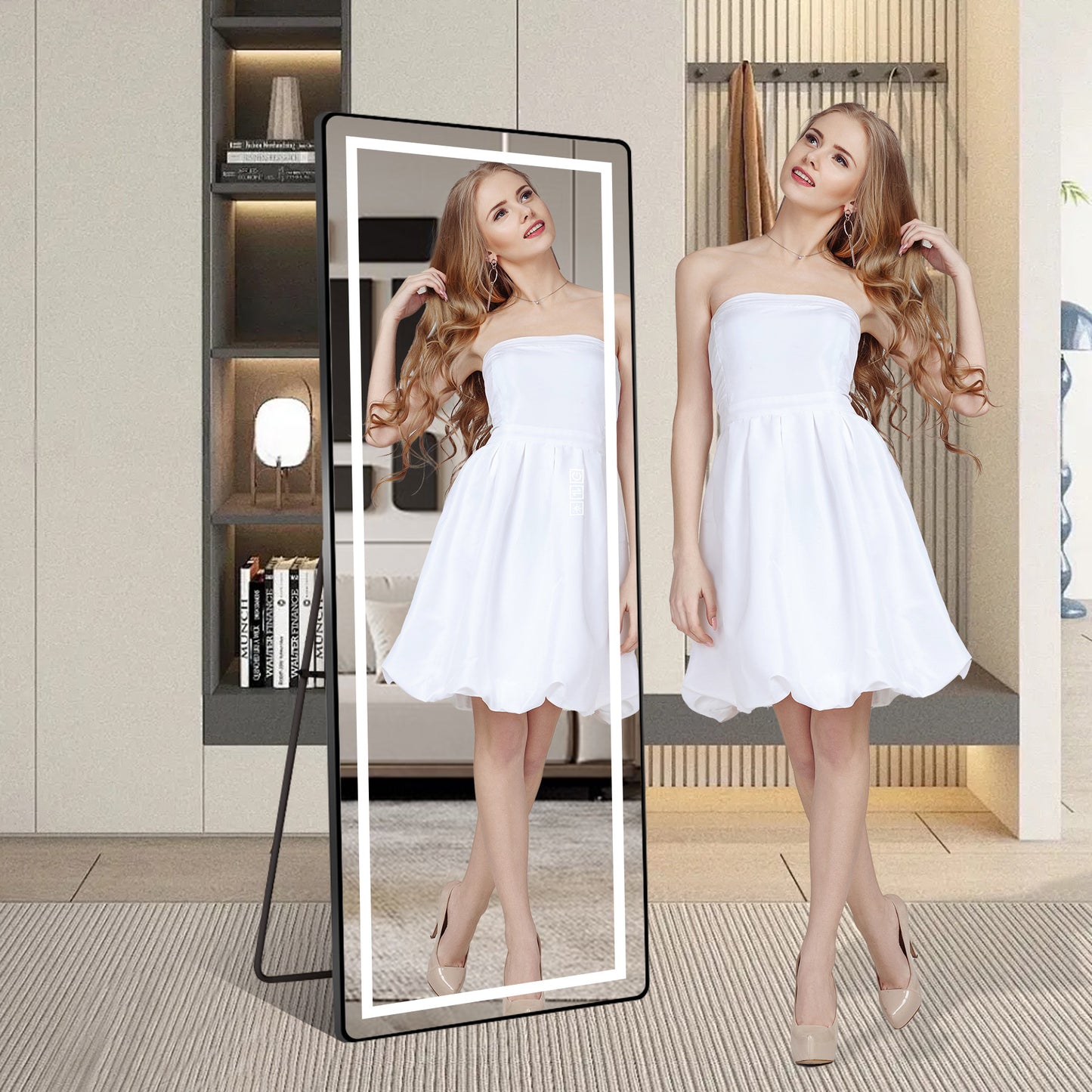 64 inch x 21 inch full-length vertical mirror with LED light, illuminated floor mirror with bracket, dimming wall mirror with full-length aluminum alloy thin frame, black