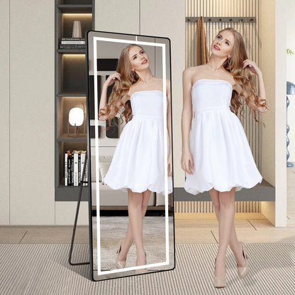 64 inch x 21 inch full-length vertical mirror with LED light, illuminated floor mirror with bracket, dimming wall mirror with full-length aluminum alloy thin frame, black