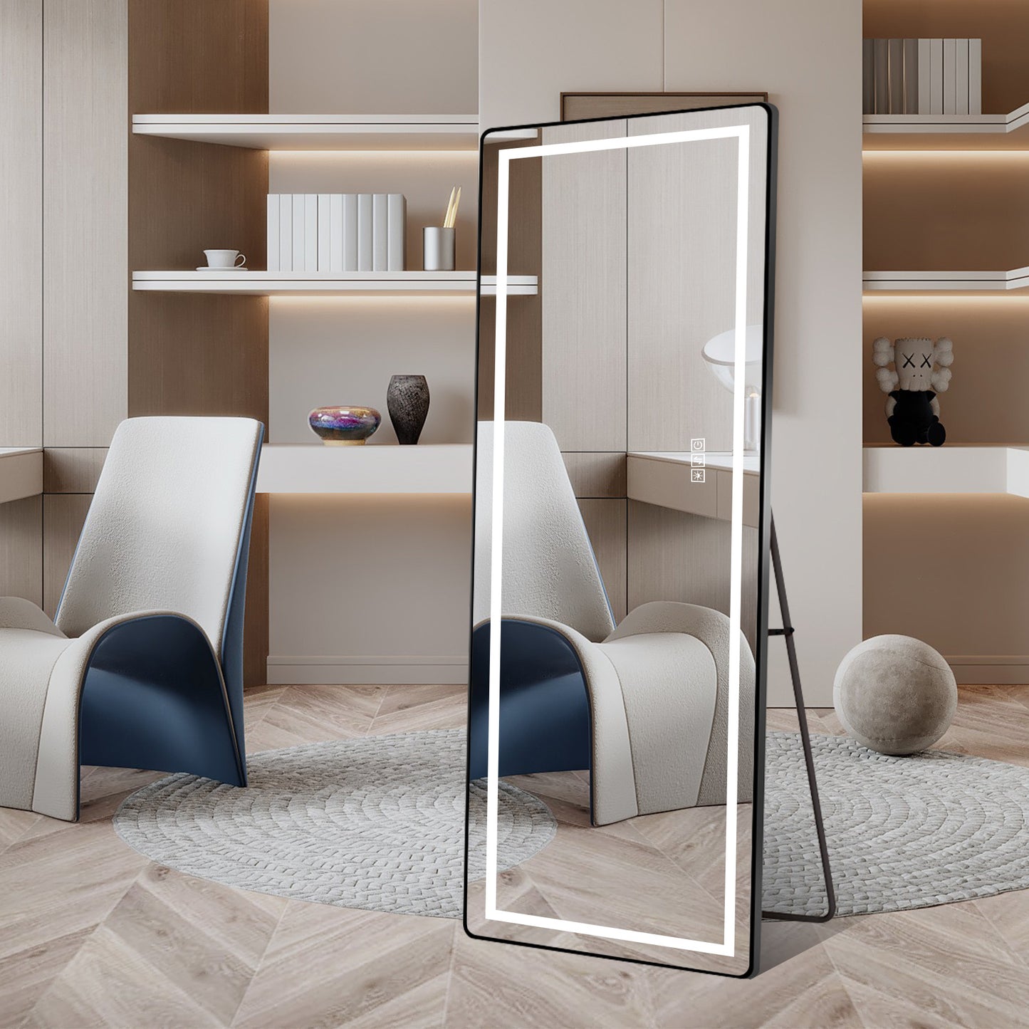 64 inch x 21 inch full-length vertical mirror with LED light, illuminated floor mirror with bracket, dimming wall mirror with full-length aluminum alloy thin frame, black