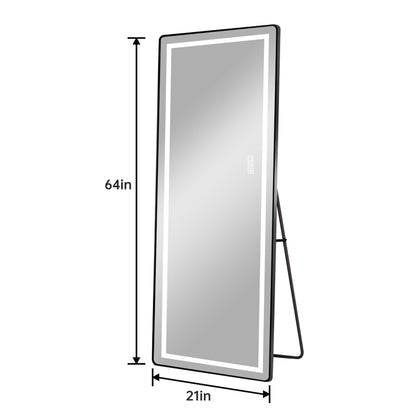 64 inch x 21 inch full-length vertical mirror with LED light, illuminated floor mirror with bracket, dimming wall mirror with full-length aluminum alloy thin frame, black